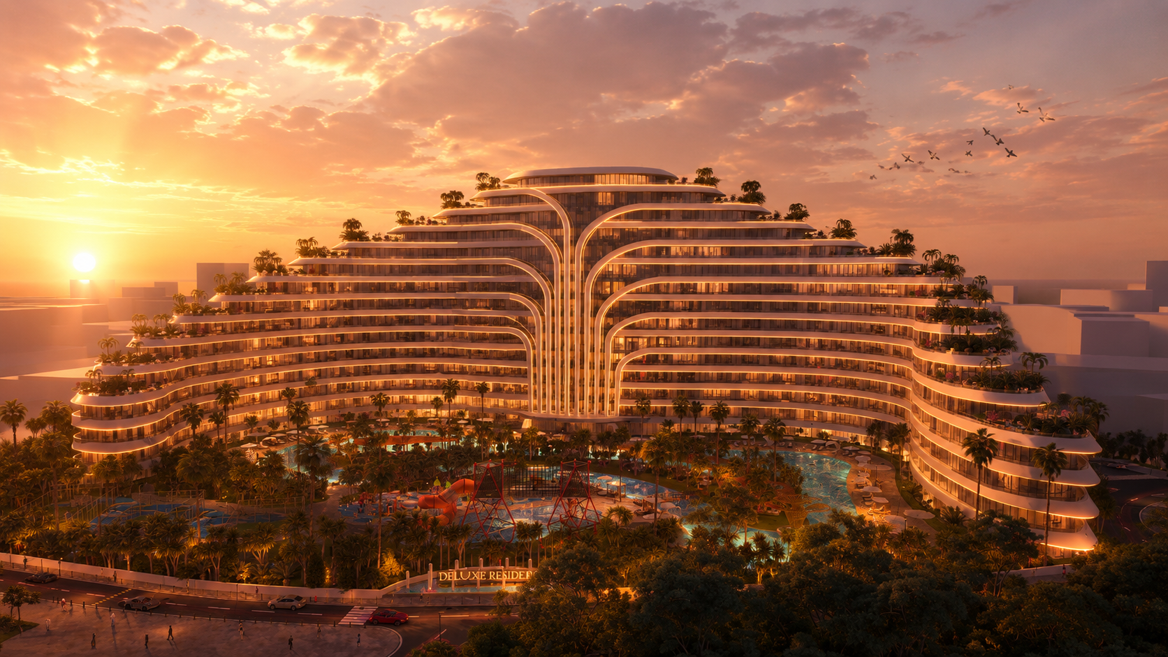 The top floors of the Deluxe Residence tower overlooking the Sunny Isles Beach cityscape at sunset.
