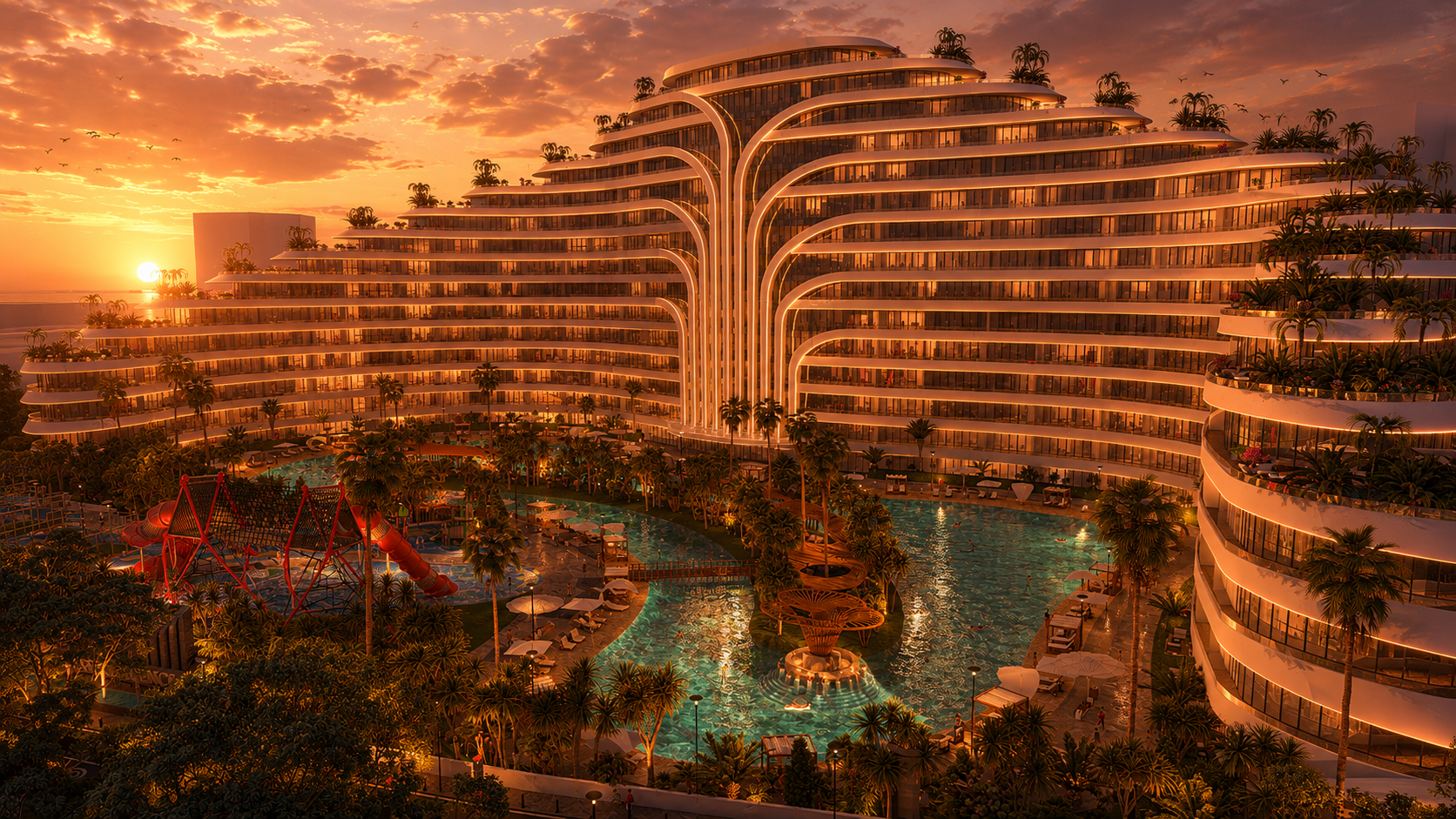 The top floors of the Deluxe Residence tower overlooking the Sunny Isles Beach cityscape at sunset.
