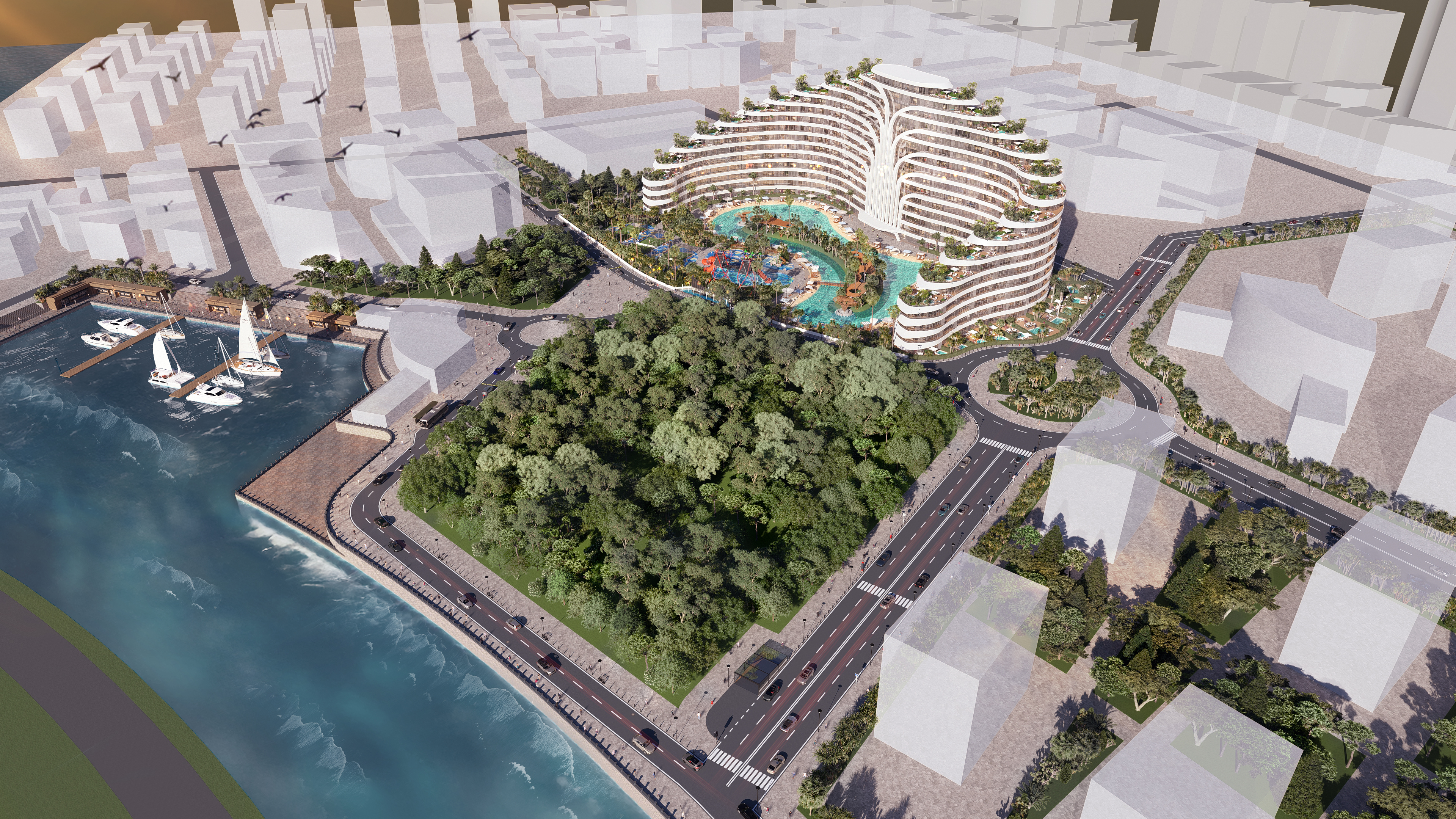 Deluxe Residence Sunny Isles CGI sunset render on the beach