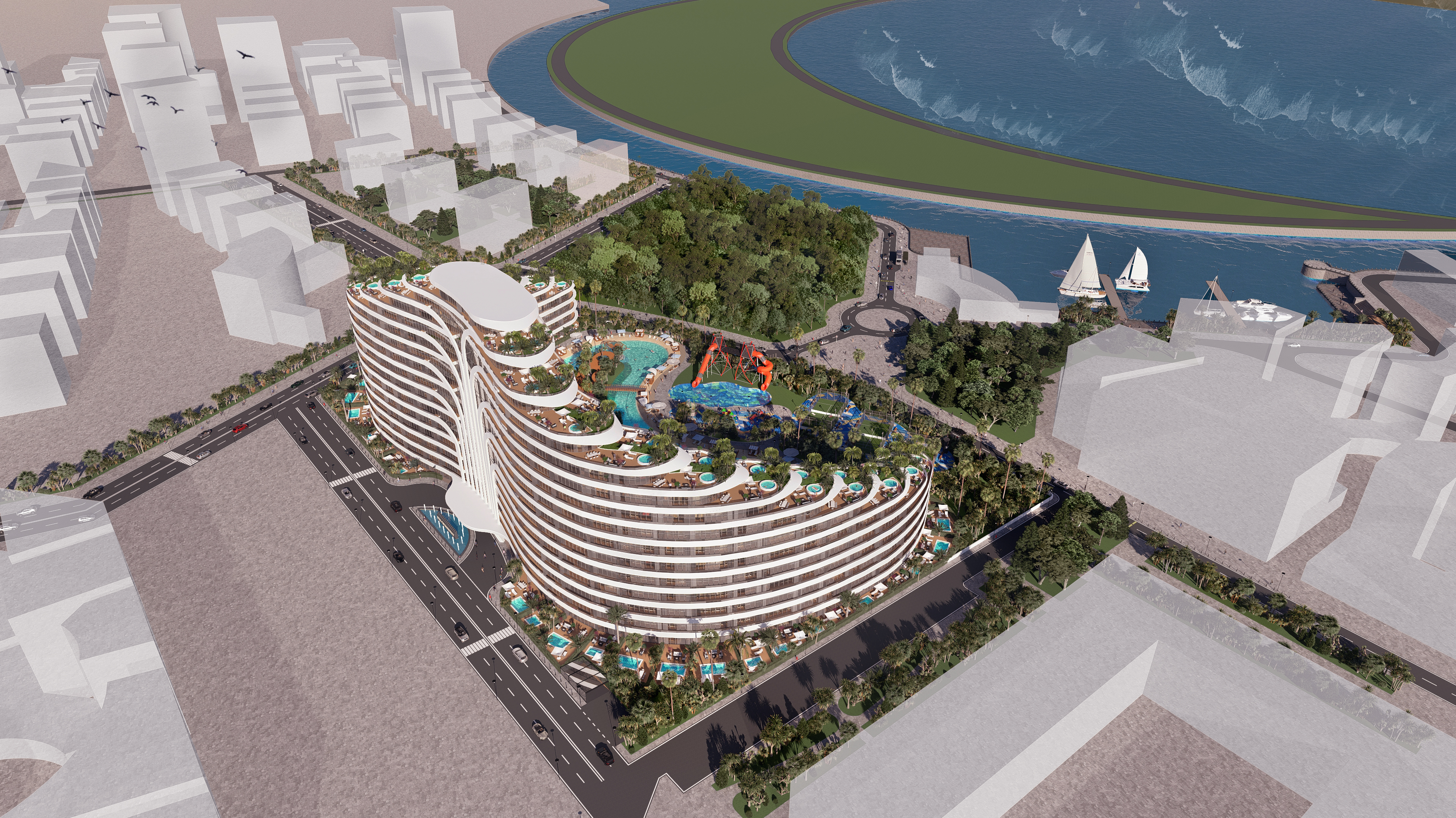 Deluxe Residence Sunny Isles CGI sunset render on the beach