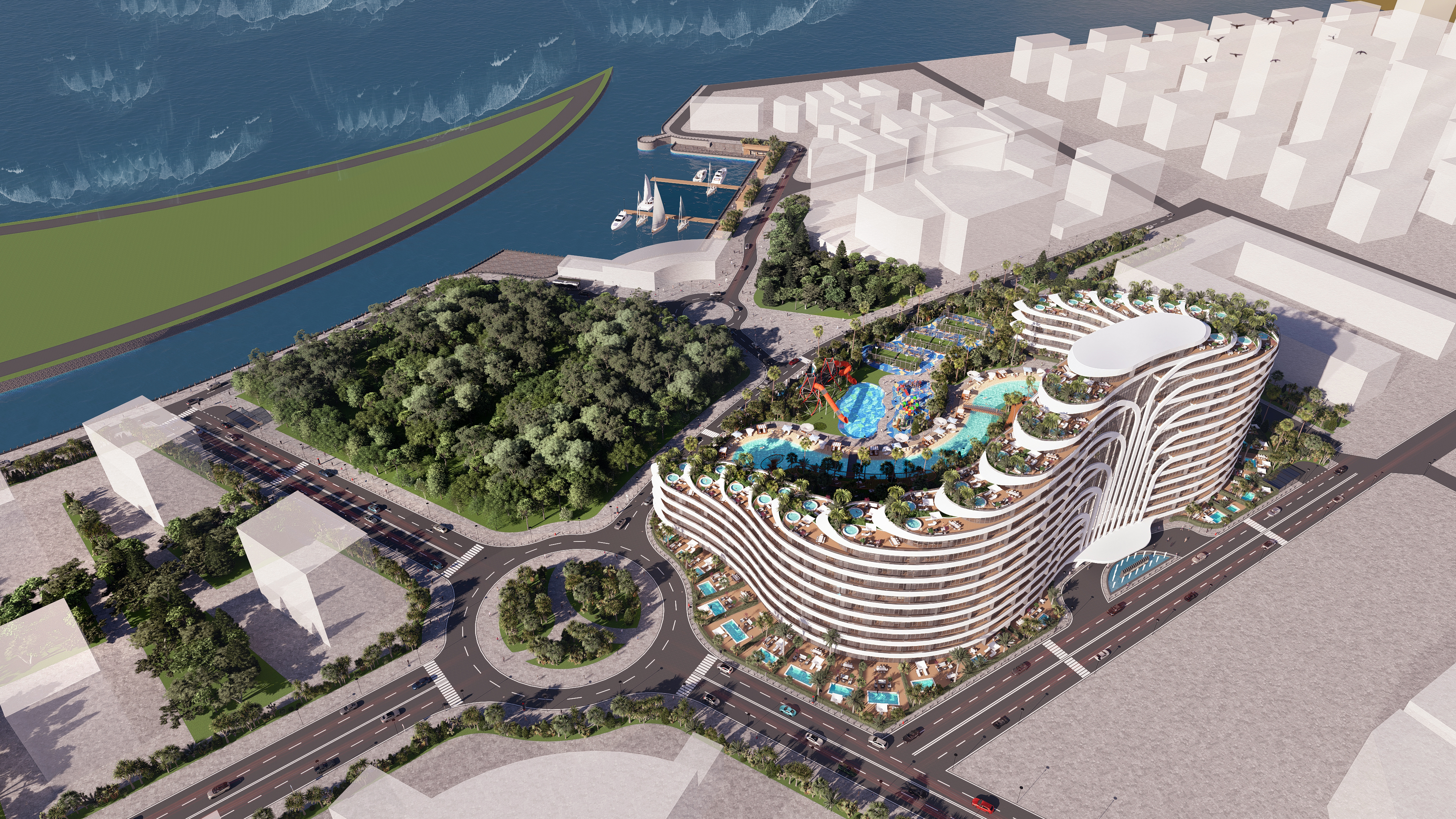 Deluxe Residence Sunny Isles CGI sunset render on the beach