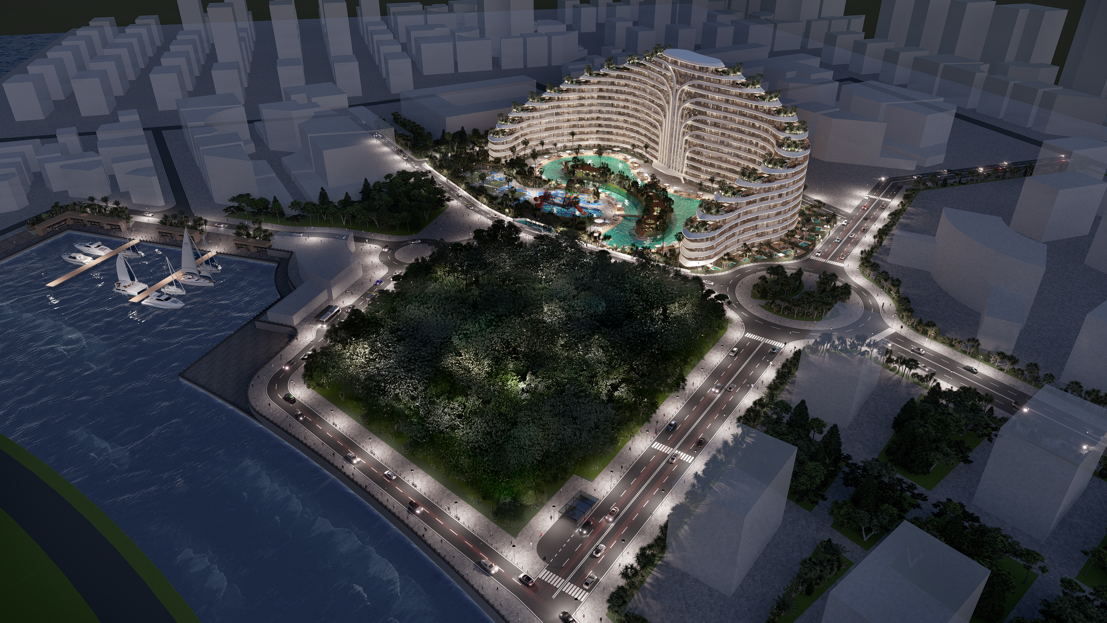 Deluxe Residence Sunny Isles CGI sunset render on the beach