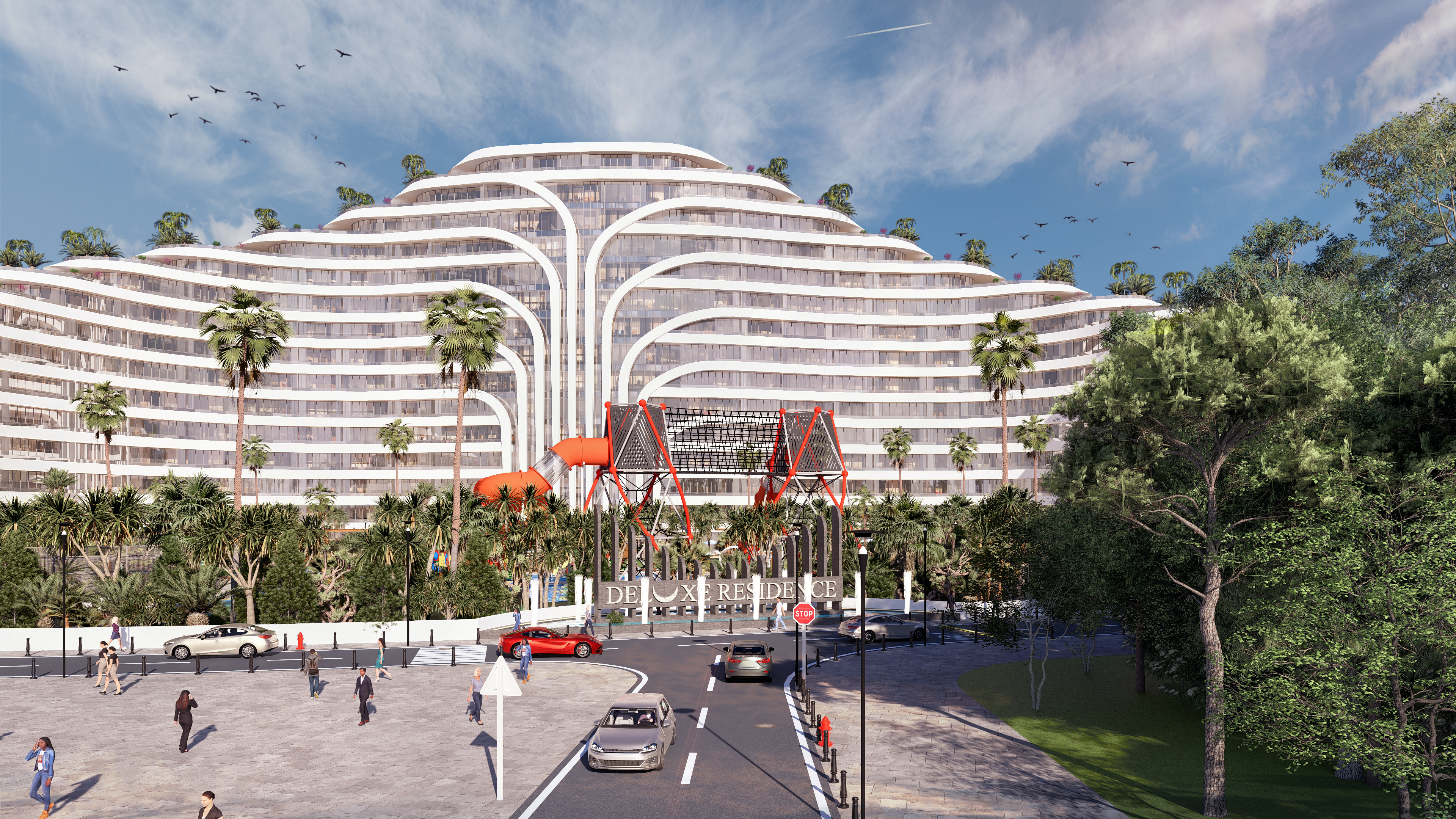 Deluxe Residence Sunny Isles CGI sunset render on the beach