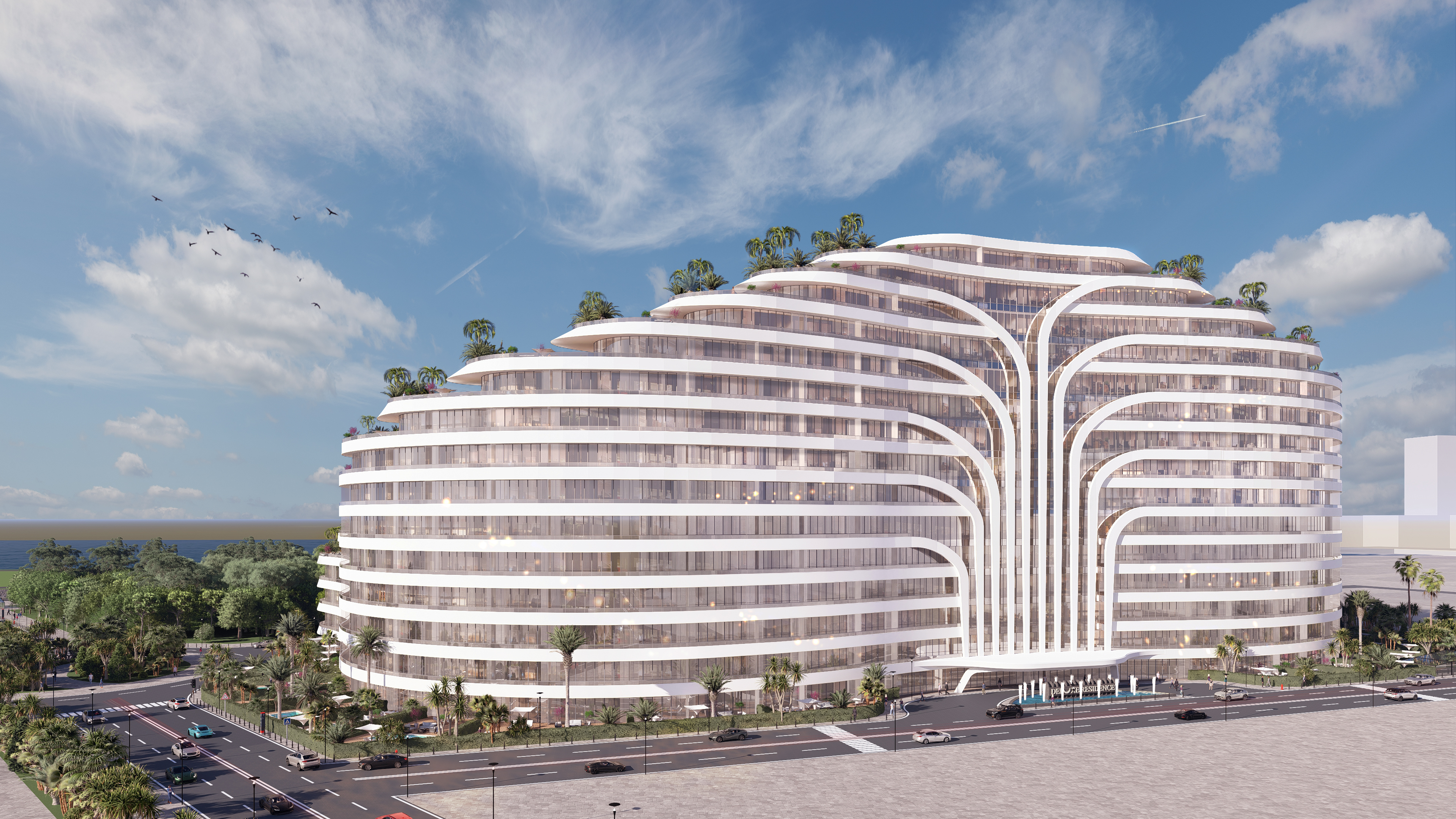 Deluxe Residence Sunny Isles CGI sunset render on the beach
